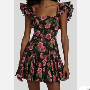 Alice + Olivia Black Floral Ruffle-Sleeve Fit & Flare Dress
